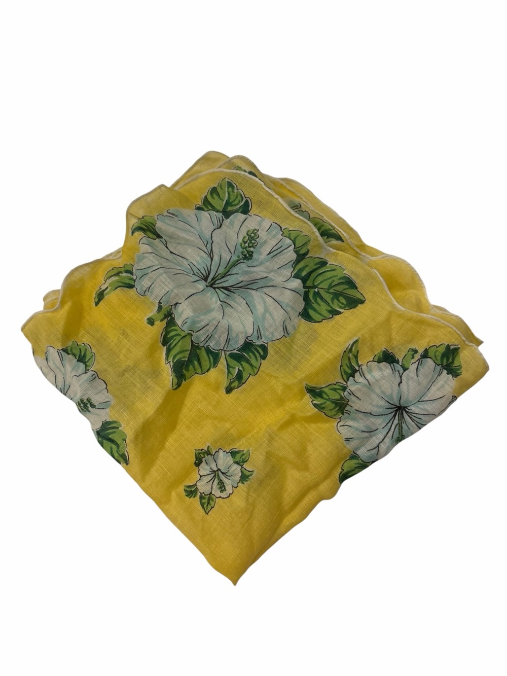 Scalloped Handkerchief Square Scarf Yellow White Green Floral 13” Linen Fabric
